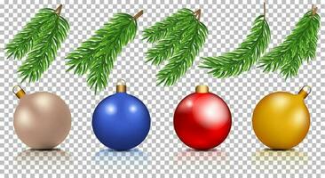 Set of fir branches and christmas balls with shadow and reflection, christmas tree branches. Universal set for postcards, advertising, flyers vector