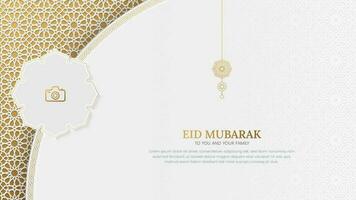 Eid Mubarak white and golden Islamic background with decorative ornament photo vector