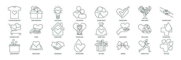 Charity, Kindness, Donation icon set, Included icons as Donation Box, Handshake, Volunteer and more symbols collection, logo isolated vector illustration