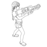 arte lineal dibujar niña tiene divertido jugando con agua pistola vector