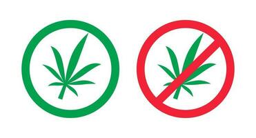 Cannabis use allowed and cannabis use prohibited icon set. Cannabis legal and cannabis illegal. Marijuana. Vector. vector