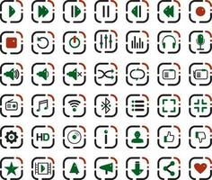 Vector set of icons for music player. Colored icons for sites on the Internet, buttons Start, pause, stop, rewind