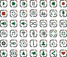 Vector set of icons for music player. Colored icons for sites on the Internet, buttons Start, pause, stop, rewind