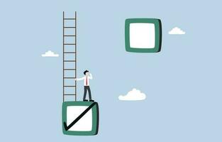 Aspiration to achieve higher-level task, progress to complete next mission, facing new challenge at work concept, Businessman holding ladder looking at higher empty checkbox. vector