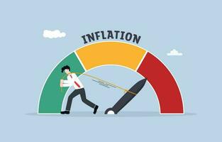 Effort to reduce inflation rate, fighting against financial crisis, stabilizing economy concept, Businessman trying to pull pointer of inflation rate gauge to normal level. vector