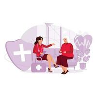 The female doctor examines, explains, and consults health problems with an elderly female patient. Trend Modern vector flat illustration.