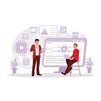 two machine learning program engineers, access administrative systems and expand the enterprise network structure. Trend Modern vector flat illustration.