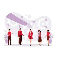 Several people are standing in line with a giant hand pointing at one of the people. Achievement concept, the successful candidate. Trend Modern vector flat illustration.