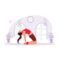 Young woman in a studio, stretching and practising yoga in several poses. Trend Modern vector flat illustration.