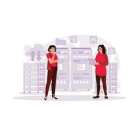 Two female engineers worked together and checked the server in the data centre room. Trend Modern vector flat illustration.