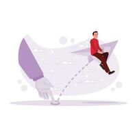 The man is sitting on a paper airplane and pressing buttons. New business launch concept. Trend Modern vector flat illustration.