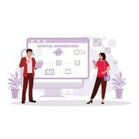 Digital marketing strategies are carried out by young male and female employees accessing digital advertising via mobile phones. Trend Modern vector flat illustration.