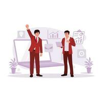 Two business people using laptops access global graphics of business and digital marketing. Trend Modern vector flat illustration.