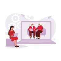 The woman is sitting on the sofa, making video calls with her grandparents to catch up with their homesickness, using a laptop and an internet connection. Trend Modern vector flat illustration.