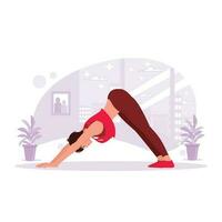 The young woman is doing yoga against a tall building in the background. Trend Modern vector flat illustration.