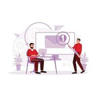 Two young businessmen working in an office are focused on a computer on the desk, and another is standing with a pencil and looking at a message on the screen. Trend Modern vector flat illustration.