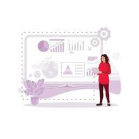 Female executive analyzing business on the big screen with high technology. Trend Modern vector flat illustration.