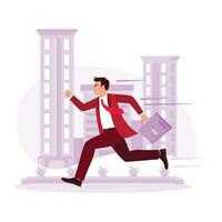 el joven hombre en un traje es corriendo emocionado hacia un nuevo meta. tendencia moderno vector plano ilustración.