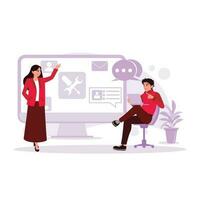 Two female and male employees are discussing customer service technical support. Trend Modern vector flat illustration.