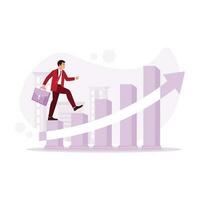 Portrait of a man in a suit climbing stairs in graphic form. Achieve success at the top. Trend Modern vector flat illustration.