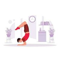 Side view of a man practising yoga in a scorpion pose at home. Trend Modern vector flat illustration.