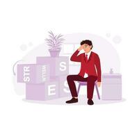 Business people were sitting and holding their heads against a background of cubes inscribed stress and health. Trend Modern vector flat illustration