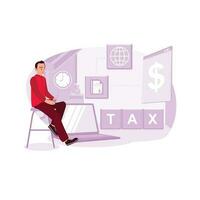 The man was sitting on a chair and filling out an online income tax return form using a laptop for tax payments. Trend Modern vector flat illustration
