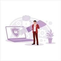 A man standing and using a laptop for his activities against the background of a man's hands and a locked laptop. Trend modern vector flat illustration.