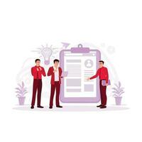 A new employee introduces himself to his boss. Presentation of work and study assignments. Trend Modern vector flat illustration