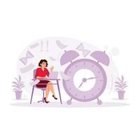 A female employee sits in front of a computer and a pile of papers next to her is a giant clock. Continuous worker concept. employees rush to finish many paperwork within deadline. vector