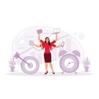 A busy girl who has many hands to multitask. Multitasking, personal productivity. Trend Modern vector flat illustration