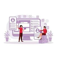 Teamwork project, web agency or young male employee, and new company project. Creative digital development agency. Up UX developer and UI designer. Trend Modern vector flat illustration