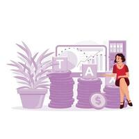 Time to pay taxes with the woman sitting on a pile of coins, diagram background, and plant in a pot. Trend Modern vector flat illustration