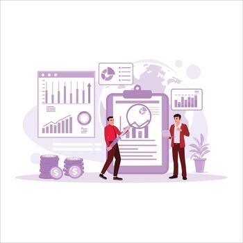 flujo de trabajo concepto. inversión consultor empresario analizando empresa financiero declaraciones equilibrar reporte trabajando con digital gráficos financiero informes cuadro. tendencia moderno vector plano ilustración