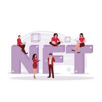 Group of young businesspeople using a laptop with NFT inscription and data blocks. Blockchain and crypto art concept. Trend Modern vector flat illustration.