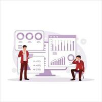 Workflow concept. A graph illustrates a businessman working on a financial report. Balance sheet, income statement, and performance indicators.. Trend Modern vector flat illustration