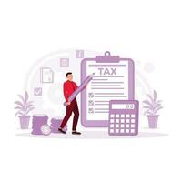 businessman with a large pencil filling out a tax return form. Government tax document form filled out to get financial payment. Trend Modern vector flat illustration