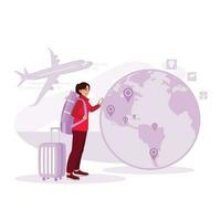 de viaje concepto. joven hombre preparando a viaje alrededor el mundo. globo, avión, y maleta. tendencia moderno vector plano ilustración