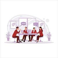 Multicultural businesspeople are sitting and gathering, collaborating on new projects. Trend Modern vector flat illustration