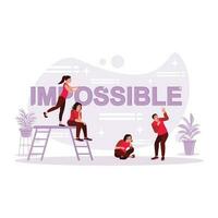 Young people are trying to fix and change the impossible to the possible. Trend Modern vector flat illustration.