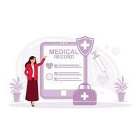 electrónico médico registros con paciente datos y cuidado de la salud información en el tableta. doctores utilizar digital inteligente dispositivos a leer informes en línea. moderno innovador medicina tecnología concepto. vector