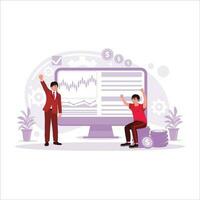 Freelance broker happy and celebrating the sale of rising stocks. Trend Modern vector flat illustration.