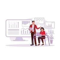 Two employees use laptops and digital tablets to conduct business financial analysis. Trend Modern vector flat illustration.