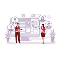 Two human resources seek and record people who are suitable for job positions. Concept of recruitment and employee selection. Trend Modern vector flat illustration.