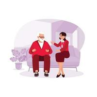 Nurses from the community are happy to visit old grandparents at home. Trend Modern vector flat illustration.