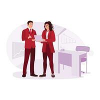 Young executive talking to an employee using laptop in office. Trend Modern vector flat illustration.