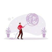 Front view of a businessman trying to pull the ball of tangled threads to find solutions and solve problems. Trend Modern vector flat illustration.