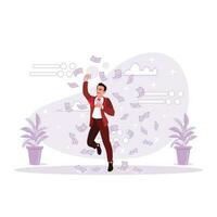 Businessman jumping happily with dollar cash. Trend Modern vector flat illustration.