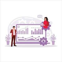 Screen with a display of charts and graphs analyzed by employees. Business accounting analysis concept. Trend Modern vector flat illustration.