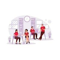 There is a favorable situation between two female and two male colleagues sitting and talking in the office. Trend Modern vector flat illustration.
